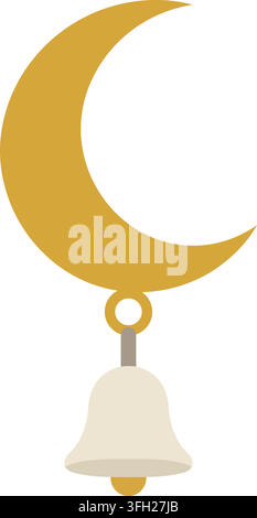 A gold crescent moon charm suspended above a small bell with a hanging loop at the top Stock Vector
