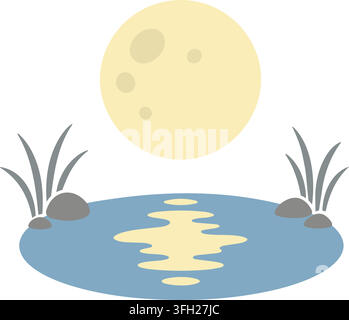 A pale moon above a small pond with reeds and a bright reflection on the water Stock Vector
