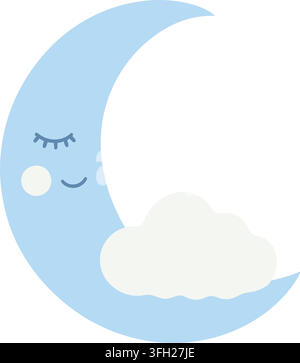 A soft blue crescent moon with closed eyes resting beside a fluffy gray cloud Stock Vector