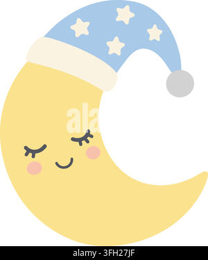 A pale yellow crescent moon with a sleepy face and a blue star patterned nightcap Stock Vector