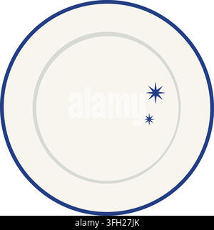 A simple circular pale moon emblem outlined in blue with two small blue star accents Stock Vector