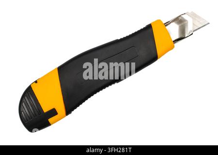 Modern utility knife isolated on white background. Close-up of a box cutter. Stock Photo