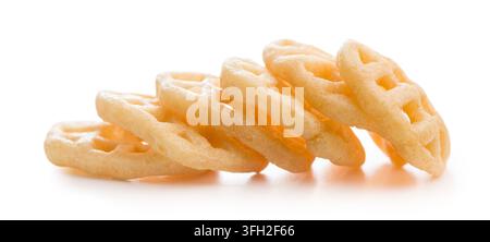 Close-up of golden waffle-shaped potato snacks stacked on a white background, showing crunchy texture and salted surface. Ideal for food advertising, Stock Photo