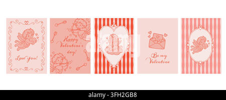 Romantic Valentine card collection with cute Cupids, love letters, hearts, arrows, decorative frames, handwritten greetings and playful striped Stock Vector
