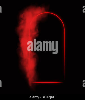 Glowing laser arch-shaped frame with red smoke, isolated on a black background. Neon glow effect. Abstract vector illustration. Stock Vector