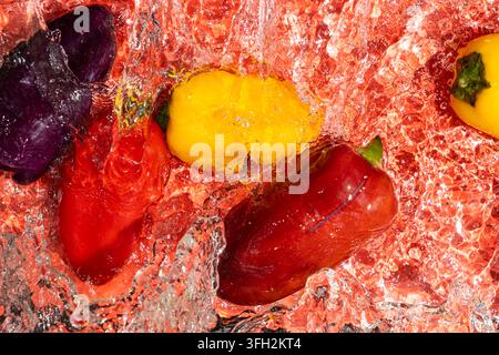 Water splashing over vibrant mini bell peppers close up top view. Stock Photo