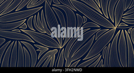 Luxury Art Deco floral pattern with elegant golden line leaves, flowers, palm and tropical botanical elements on dark background. Abstract japanese Stock Vector