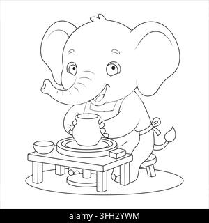 Pottery ceramic clay wheel elephant crafting vase on workbench with apron sitting Stock Vector