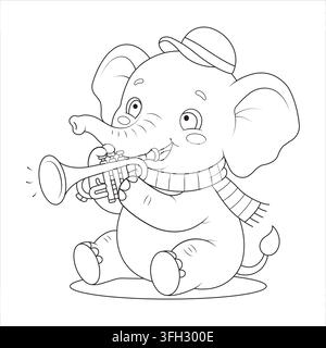 Trumpet musical instrument player elephant blowing horn wearing hat and scarf sitting Stock Vector