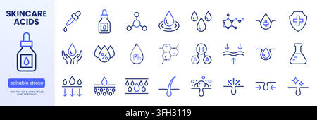 Skin care line icon set. Water drop, retinol, beauty collagen, serum acid, acne treatment, niacinamide minimal vector illustrations. Outline signs for Stock Vector