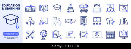 Education, E-Learning line icon set. School, book, graduation cap, teacher, university diploma, course linear minimal vector illustration. Simple Stock Vector