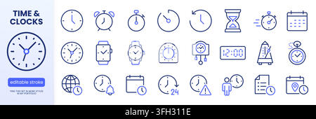 Time Management line icon set. Clock, alarm, stopwatch, timer, calendar, date, location, working hours linear minimal vector illustration. Simple Stock Vector