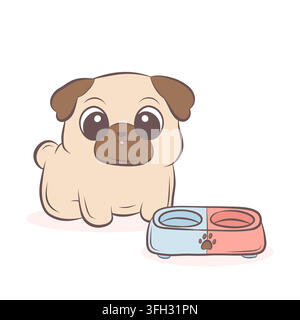 Vector illustration of cute pug and pet bowl Stock Vector