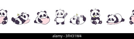 Seamless vector border with cute pandas Stock Vector