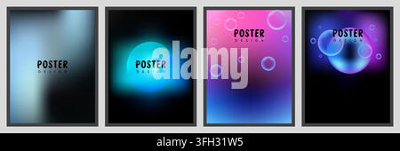 A collection of four contemporary poster designs featuring smooth color gradients, glowing orbs, and bubble-like shapes in a sleek, minimalist style. Stock Vector