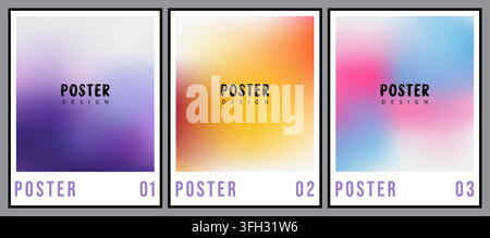 A collection of three vertical poster designs featuring vibrant, smooth color gradients and clean, modern text layouts for creative branding projects. Stock Vector
