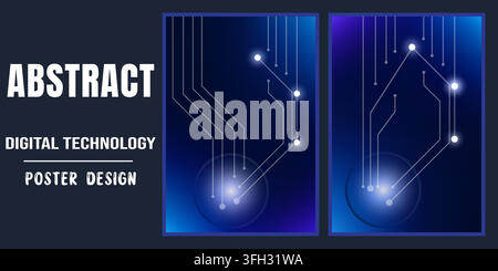 A creative digital technology poster design featuring abstract circuit board lines and glowing nodes on a dark blue gradient background. Stock Vector