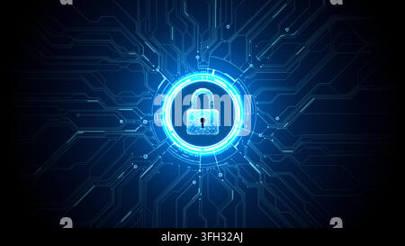 Cyber security padlock with neon circuit board and digital HUD interface in tech blue background for data protection Stock Vector