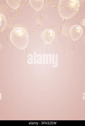 Elegant festive background template featuring floating rose gold glitter balloons and falling confetti on a pink gradient backdrop with copy space. Stock Vector