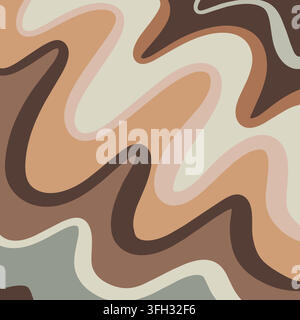 Abstract retro background template featuring a fluid liquid swirl pattern with groovy wavy shapes in neutral beige and brown earth tones. Stock Vector