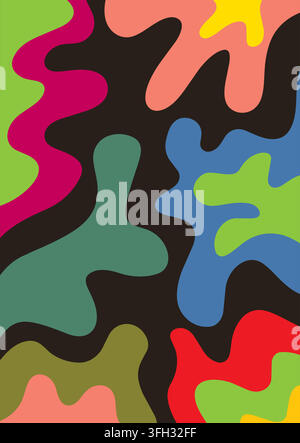 Abstract retro background template featuring colorful organic fluid blobs and groovy psychedelic wavy shapes over a dark backdrop. Stock Vector