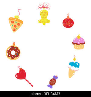 Round Christmas frame with colorful tree ornaments shaped like pizza, donut, ice cream, cupcake, and candy. Festive holiday border on white. Stock Vector