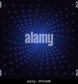 Abstract futuristic background with blue purple star spiral tunnel, tech halftone particle glow, and light burst. Modern banner for web and event. Stock Vector