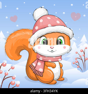 Cute cartoon Squirrel in winter. Vector illustration of animal with pink hat and scarf on blue background with snow and trees. Stock Vector