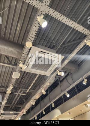 Modern infrastructure showing a functional hvac unit, metallic ventilation ducts, electrical cable trays, and bright spotlights on an exposed industri Stock Photo