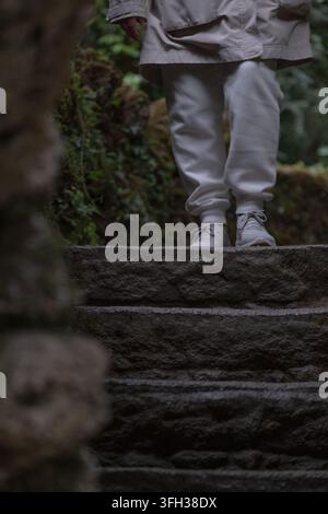 Vertical lifestyle image of a person walking up rugged stone steps through a dark, lush woodland. Cropped composition without a visible face emphasize Stock Photo
