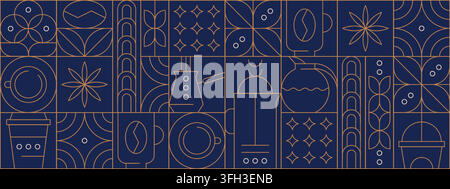 Abstract geometric coffee pattern in minimalist style. Vector seamless dark background with hand drawn line art beans, drink cup, hot teapot, plant leaves and outline bauhaus elements for cafe menu Stock Vector