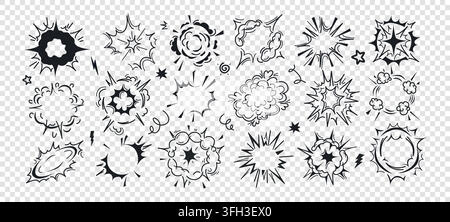 Radial power bomb explosion, boom clouds, frames or bubbles. Bursts blast effect from dynamite, round atomic smoke elements with flash fire. Vector set of explode sprite sheets. Puff motion black icon Stock Vector