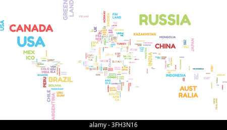 Typographic World Map vector illustration with names of the countries in different colors Stock Vector