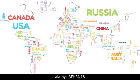 Typographic World Map vector illustration with names of the countries in different colors and world silhouette lines in black Stock Vector