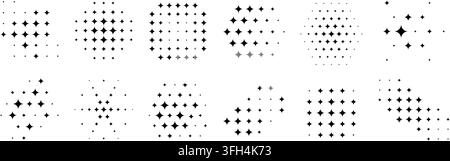 Set of star patterns with halftone effect isolated on white background. Collection of different shapes with faded sparkles print. Abstract starry design elements. Vector graphic illustration. Stock Vector