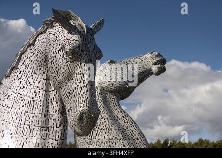 The famous monumental steel horse head sculptures known as The Kelpies, designed by sculptor Andy Scott, in Falkirk, Scotland, 31 July 2026. Stock Photo