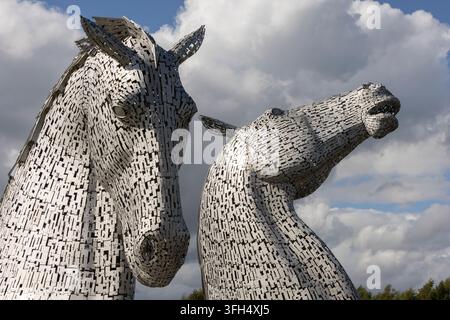 The famous monumental steel horse head sculptures known as The Kelpies, designed by sculptor Andy Scott, in Falkirk, Scotland, 31 July 2026. Stock Photo