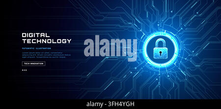 Futuristic padlock with neon circuit board pattern and holographic HUD interface in technology blue abstract background Stock Vector