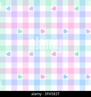 Seamless pastel plaid pattern with hearts. Vector gingham checkered repeating background  Stock Vector
