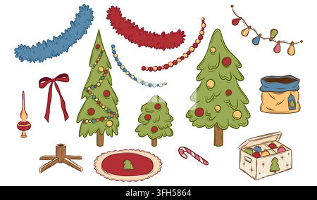 Vector set of Christmas decorations with trees, garlands and ornaments Stock Vector