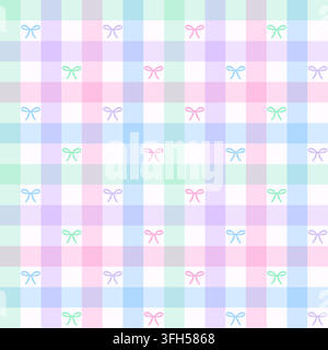 Pastel rainbow gingham seamless pattern with colorful bows. Plaid aesthetic for nursery, spring decor and kids. Stock Vector