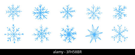 Doodle snowflake, hand drawn winter snowflake stars crayon scribble texture. Set retro y2k winter themes, holiday designs, and seasonal decorative graphics. Vector illustration Stock Vector