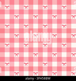 Seamless plaid pattern with bows. Vector gingham checkered repeating background for fabric and wrapping paper. Stock Vector