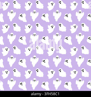 Seamless cartoon ghosts pattern. Vector halloween repeating background with white spooky characters on purple backdrop. Stock Vector