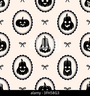 Seamless Halloween pumpkins pattern. Vector repeating background with black jack o lantern frames on cream backdrop. Stock Vector