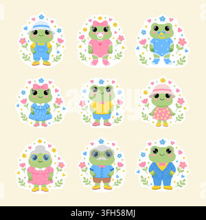 Vector frogs family stickers pack with flowers and hearts. Stock Vector