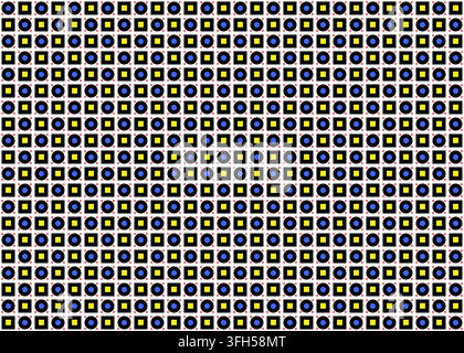Black geometric seamless pattern with blue circles and yellow squares Stock Vector