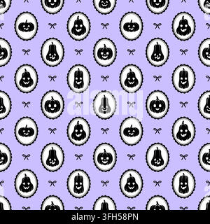 Seamless Halloween pumpkins pattern on purple backdrop. Stock Vector