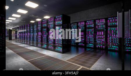 Rows of server racks with glowing lights 3d Stock Photo