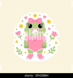 Baby girl frog sticker character in pink bodysuit and bow isolated on cream backdrop Stock Vector
